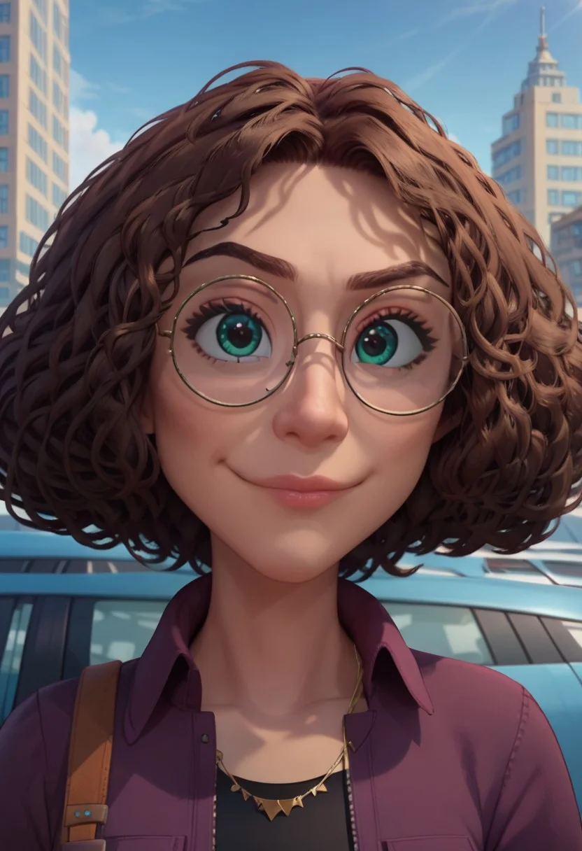 ((city background)),score_9, score_8_up, score_7_up,score_6_up,
1girl, Solo, Tara_HI, light skin, green eyes, round glasses, dark brown eyebrows, dark brown hair, short hair, voluminous curly hair, pink lips, purple jacket, black t-shirt with print, blue skinny jeans, brown boots, bracelet, gold necklace, social smile, big eyes, cute face, close-up, perfect eyes, perfect smile