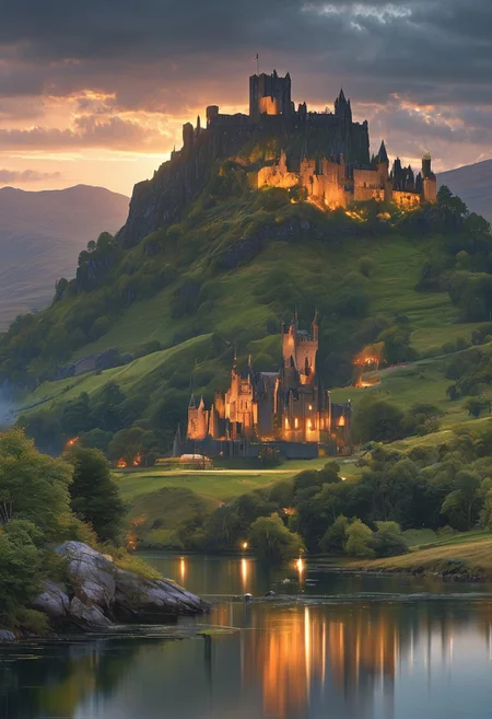 A captivating night scene illustration featuring a beautiful castle on a large hill overlooking a lake in the highlands of Scotland. The castle is ancient but well maintained and updated and comfortable to live in. This enchanting artwork captures a serene and peaceful early morning, where the sun is just starting to rise over the beautiful highlands and castle which stands resolute amidst highlands, creating a cinematic experience., illustration, cinematic
<lora:DonM3t3rn1tyXL-v1.1:0.7>, DonM3t3rn1tyXL,
OverallDetailXL <lora:MJ52:0.3> <lora:SDXLFaeTastic2400:0.4> <lora:EpicF4nta5yXL:0.7>