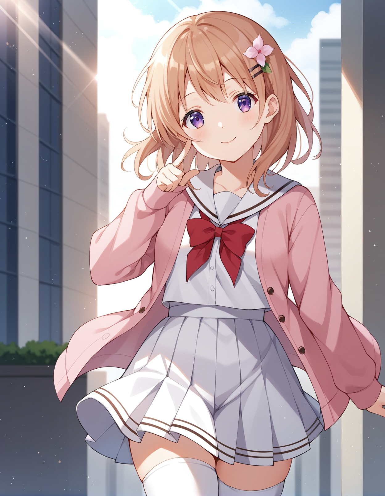 score_9, score_8_up, score_7_up, source_anime, rating_safe, <lora:cocoaHoto_XL-Pony_LoRA-C3Lier_8-8-8-8_AdamW_Un3e-4_Te1.5e-4_10batch:1>, hoto cocoa, 1girl, medium hair, brown hair, purple eyes, small breasts, hairclip, hair flower, school uniform, open clothes, white shirt, pink cardigan, long sleeves, white sailor collar, red ribbon, pleated skirt, white skirt, white thighhighs, light smile, closed mouth, index finger raised, hand on own cheek, looking at viewer, looking up, head tilt, light particles, light rays, city, cityscape, sunlight, backlighting, caustics