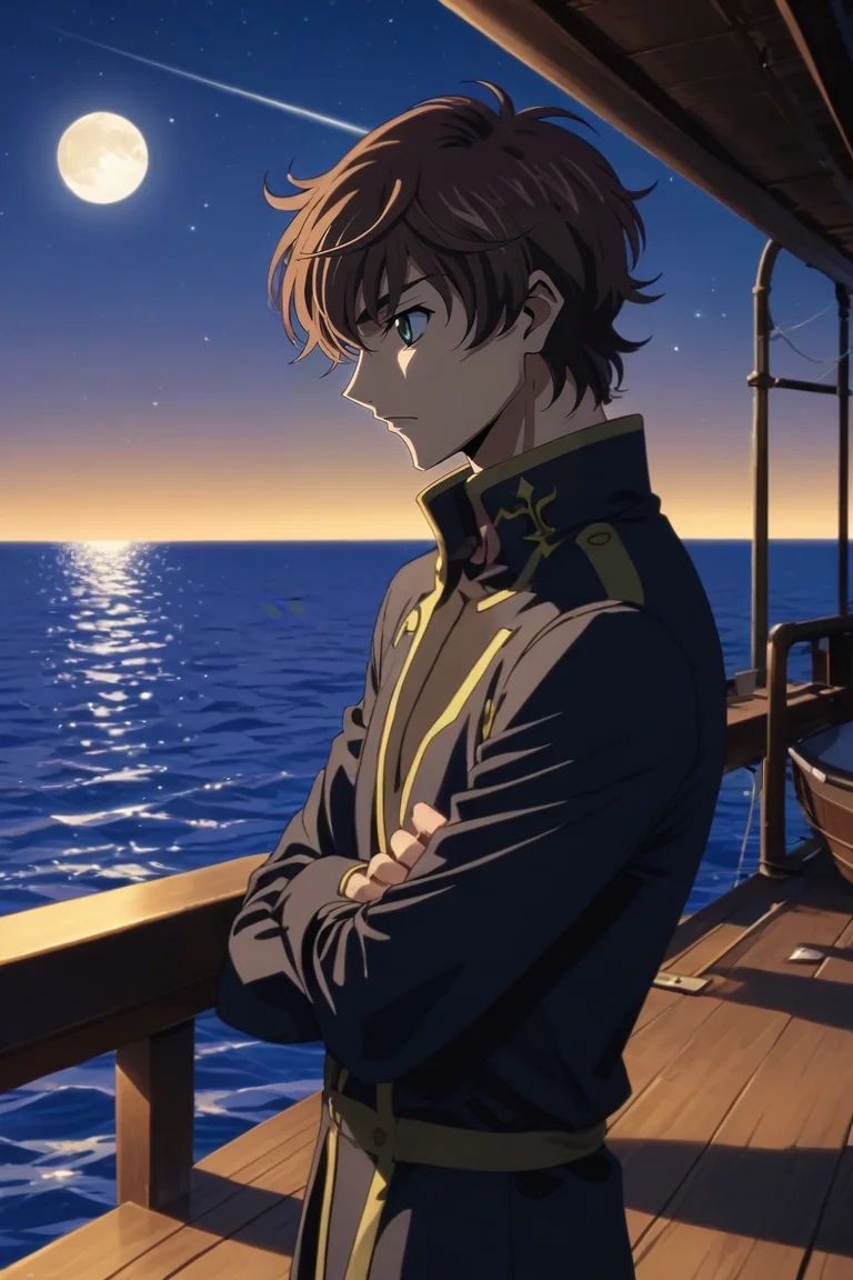 score_9, score_8_up, score_7_up, source_anime, rating_safe, , (realistic:0.6), , , 1boy, solo, male focus, <lora:suzaku_kururugi_pony:0.86>, suzaku_kururugi, brown hair, green eyes, profile, boat, ship, night, full moon, crossed arms, speaking, talking, , <lora:sdxl_lightning_8step_lora:1>