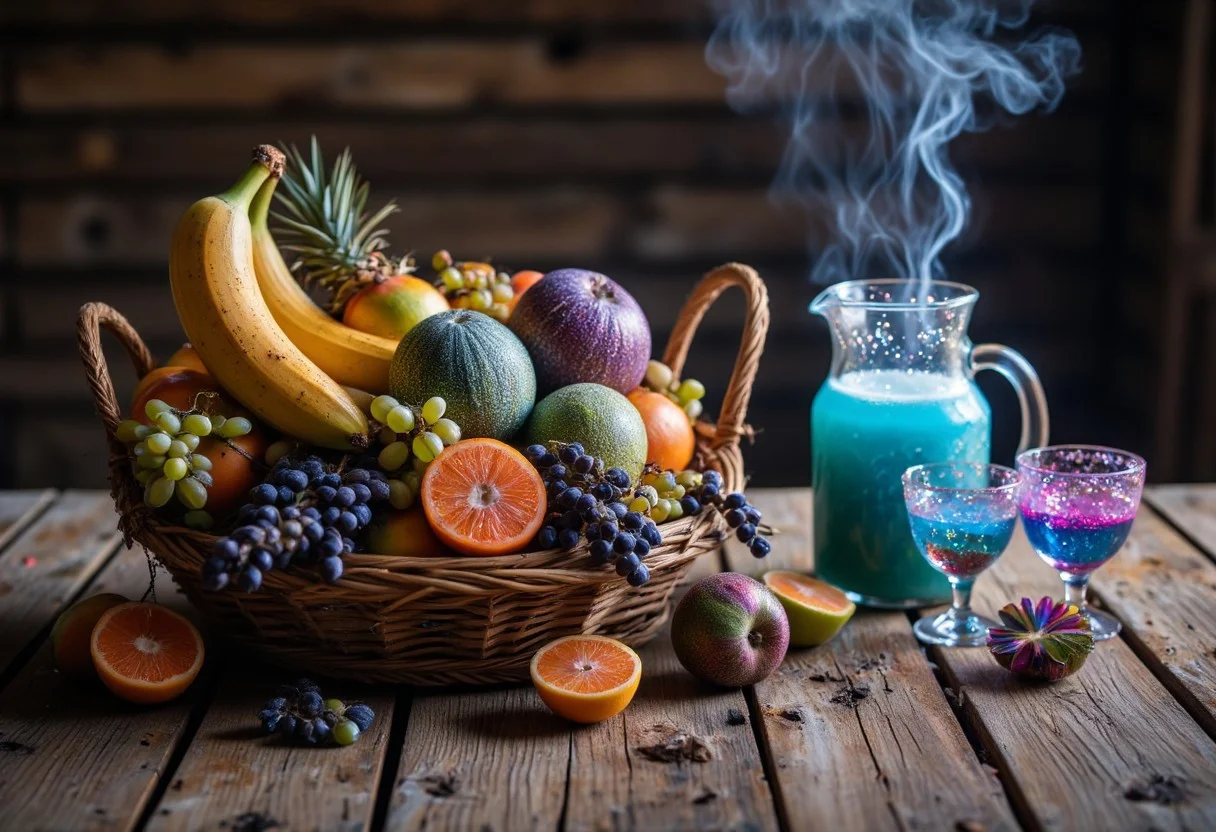 Create a detailed UHD image featuring a rustic wooden table inside a cozy cabin. on the table is a basket overflowing with exotic alien fruits from another planet. The fruits should have unique and vibrant colors, unusual shapes, and intriguing textures, showcasing their otherworldly origins.  Include fruits that combine a smooth, banana-like shape with a juicy, tomato-like texture, glowing translucent grapes in shades of blue and green, an icy cantaloupe with minty green flesh, star-shaped limes with a shiny green exterior, a deep violet pod with creamy purple pulp, and metallic apples with an iridescent sheen. Next to it is a jug with oddly shaped glasses containing a blue, sparkling drink. Foam and wispy smoke rise from the glasses. The setting should evoke a warm, inviting atmosphere with the contrast between the earthy wooden table and the vivid, fantastical fruits. cinematic
Midjourney_Whisper, aidmaHyperrealism