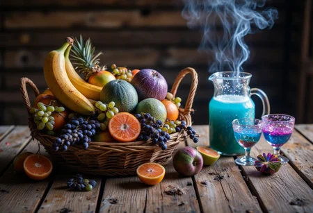 Create a detailed UHD image featuring a rustic wooden table inside a cozy cabin. on the table is a basket overflowing with exotic alien fruits from another planet. The fruits should have unique and vibrant colors, unusual shapes, and intriguing textures, showcasing their otherworldly origins. Include fruits that combine a smooth, banana-like shape with a juicy, tomato-like texture, glowing translucent grapes in shades of blue and green, an icy cantaloupe with minty green flesh, star-shaped limes with a shiny green exterior, a deep violet pod with creamy purple pulp, and metallic apples with an iridescent sheen. Next to it is a jug with oddly shaped glasses containing a blue, sparkling drink. Foam and wispy smoke rise from the glasses. The setting should evoke a warm, inviting atmosphere with the contrast between the earthy wooden table and the vivid, fantastical fruits. cinematic
Midjourney_Whisper, aidmaHyperrealism