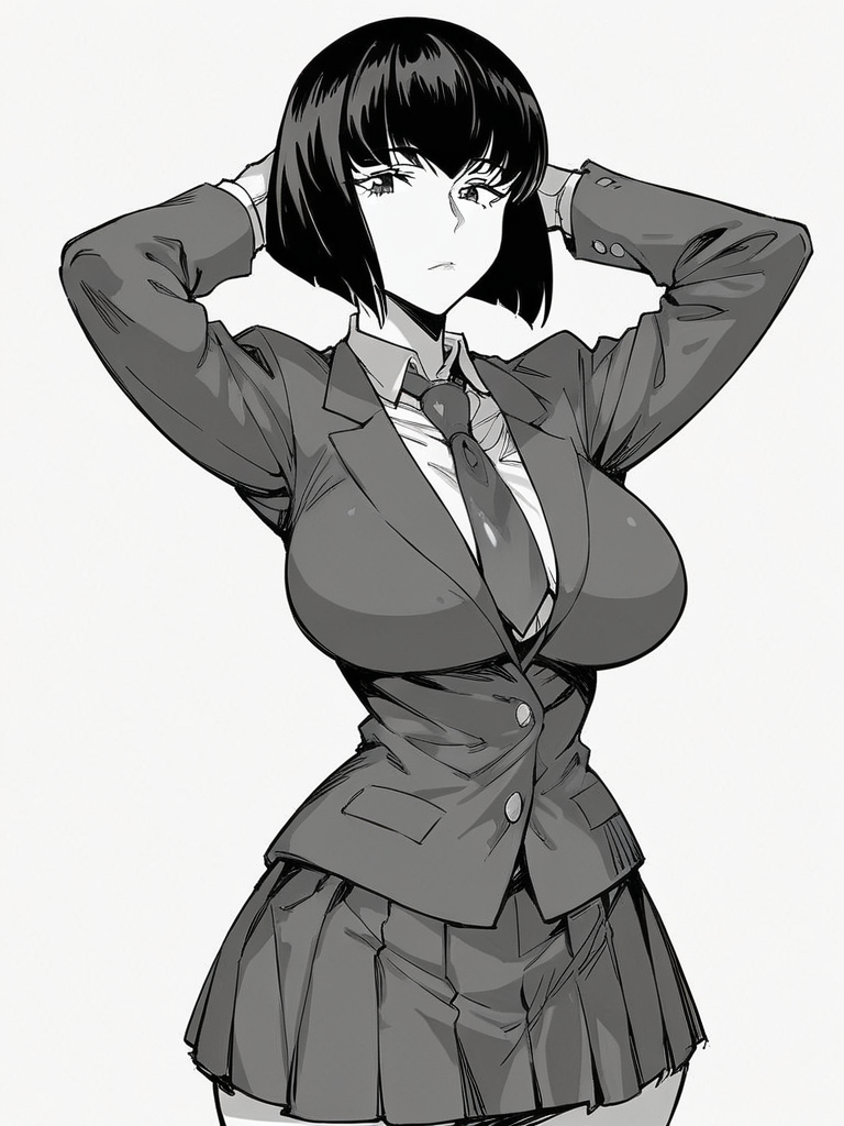 score_9, score_8_up, score_7_up,  
1girl, monochrome, rikka ek, black hair, medium hair, bob cut, large breasts,

standing, arms behind head, white background, blazer, necktie, school uniform, closed mouth, expressionless, looking at viewer,