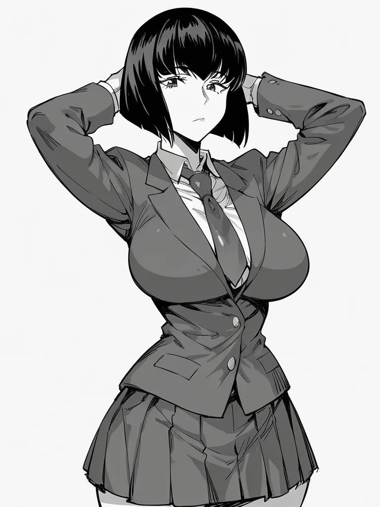 score_9, score_8_up, score_7_up,
1girl, monochrome, rikka ek, black hair, medium hair, bob cut, large breasts,
standing, arms behind head, white background, blazer, necktie, school uniform, closed mouth, expressionless, looking at viewer,