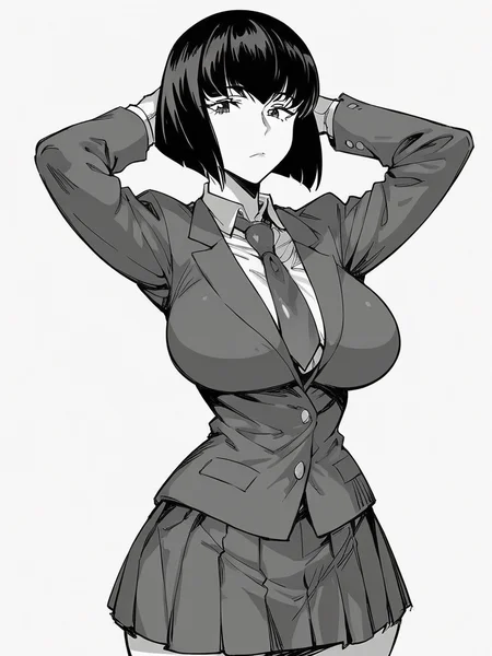 score_9, score_8_up, score_7_up,  
1girl, monochrome, rikka ek, black hair, medium hair, bob cut, large breasts,

standing, arms behind head, white background, blazer, necktie, school uniform, closed mouth, expressionless, looking at viewer,
