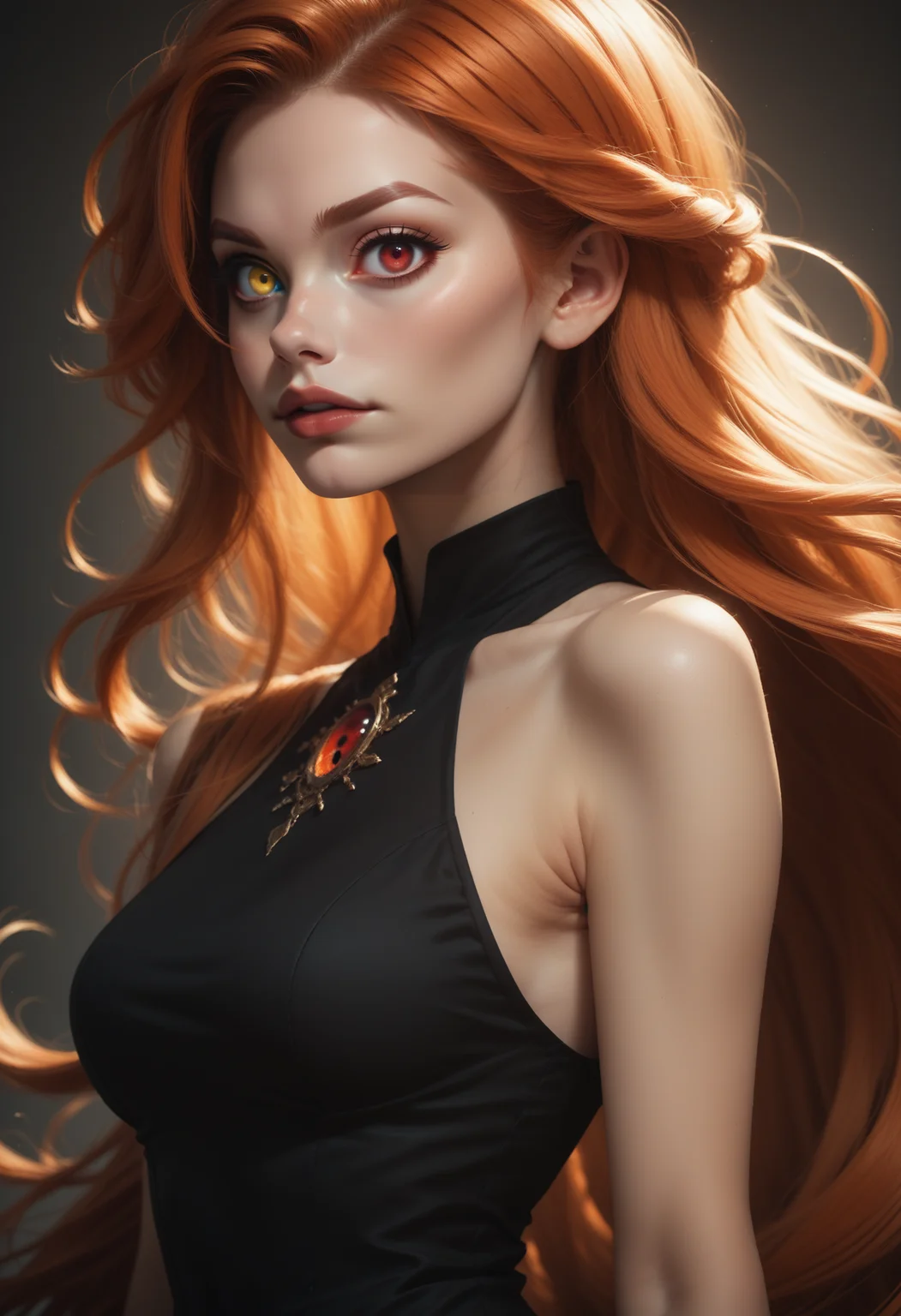 score_9, score_8_up, score_7_up,
1girl, solo, upper body, ginger hair, very long hair, black dress, red eyes, heterochromia, right eye yellow,
<lora:Dark_Heterochromia_Pony_v0.2:0.5>
