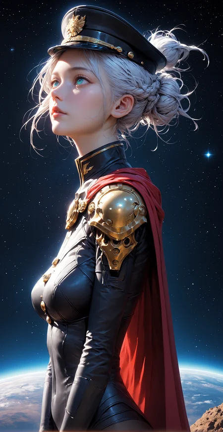 ASCII, photorealistic, OLED, score_9, score_8_up, score_7_up, score_6_up, 1girl, extremely detailed photo of a beautiful woman, nordish woman, 25 yo, round face, cheekbones, wide chin, wide lower jaw, small_nose, small eyebrows, small eyes, turquoise eyes, white hair, strands of hair falling over the face, hair tied into a bun at the back, black military cap, black tight-fitting military jacket with gold buttons, black leggings, red cape with gold fringed shoulder pads, in the galaxy, in front of a planet and the cosmos, side view, slying in the galaxy, raise her arms, dark blue sky, <lora:Expressive_H:0.5> ExpressiveH,<lora:Sinozick_Style_XL_Pony:0.2>, sinozick style, everything is shrouded in white mist, starsky background by jed-cosmos style, dark blue star sky by night, giant grey planet in background behind woman <lora:Jed-Cosmos-sdxl:0.4> Jed-Cosmos, full body