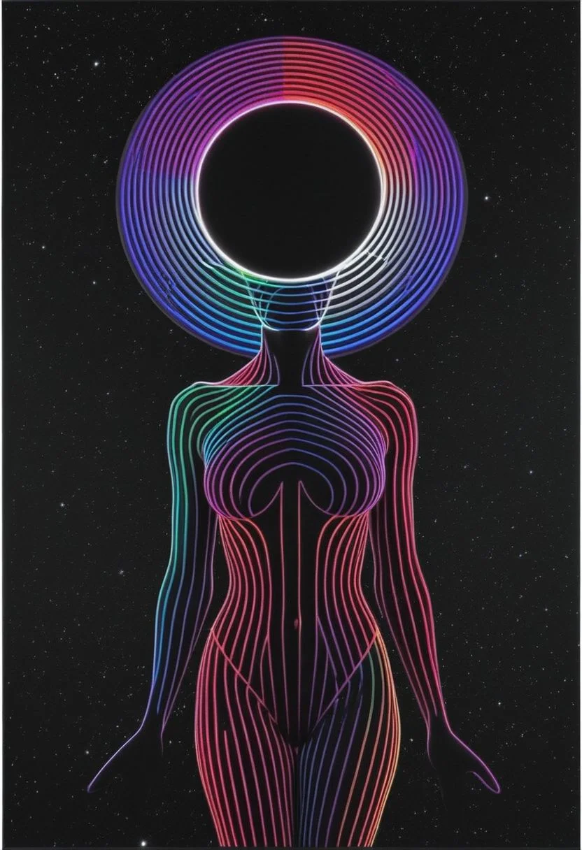 black rgb spectral 80s neon, Bw-grignani, An simple colorful naked woman Profil in outer space, dark with vibrant planets, made of very bold lines, emphasis lines, vertical and horizontal lines, perfect lines, infinity lines,