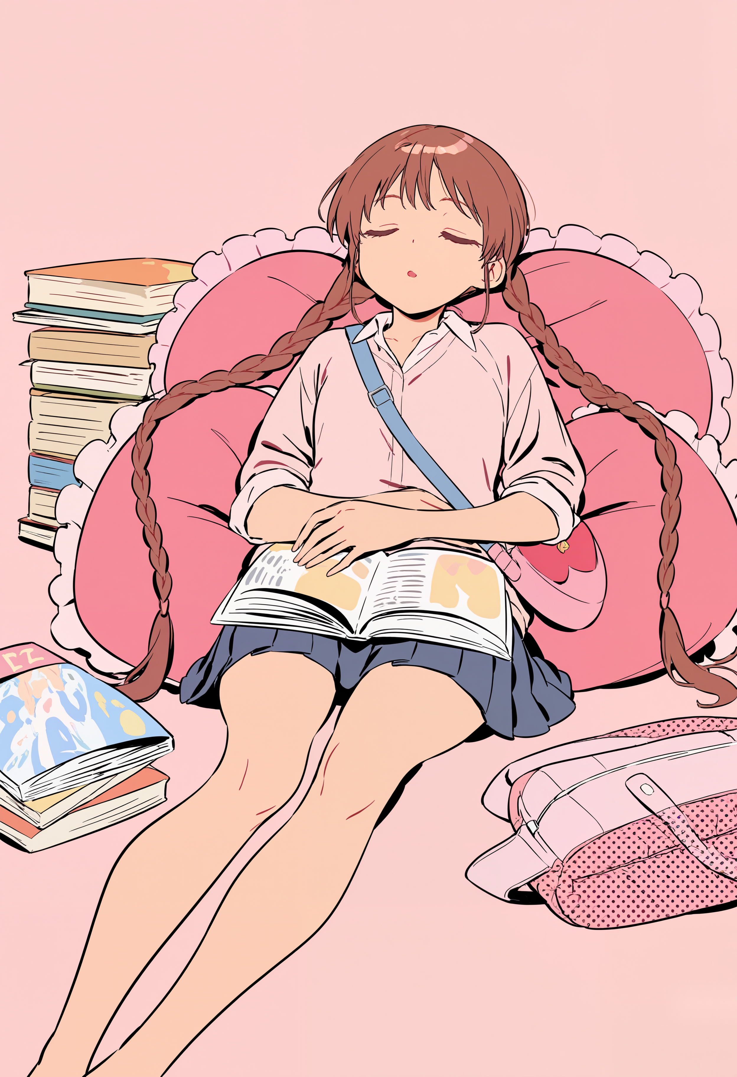 amazing quality, newest, absurdres, halftone \(texture\), pink theme, orange theme, simple background,  1girl, solo, brown hair, very long hair, braided twintails, sitting, leaning back, leaning on pillow, heart-shaped pillow, frilled pillow, sleeves rolled up, pleated skirt, book on lap, book stack, magazine, sleeping, :O, unworn bag, shoulder bag,   <lora:semham4>