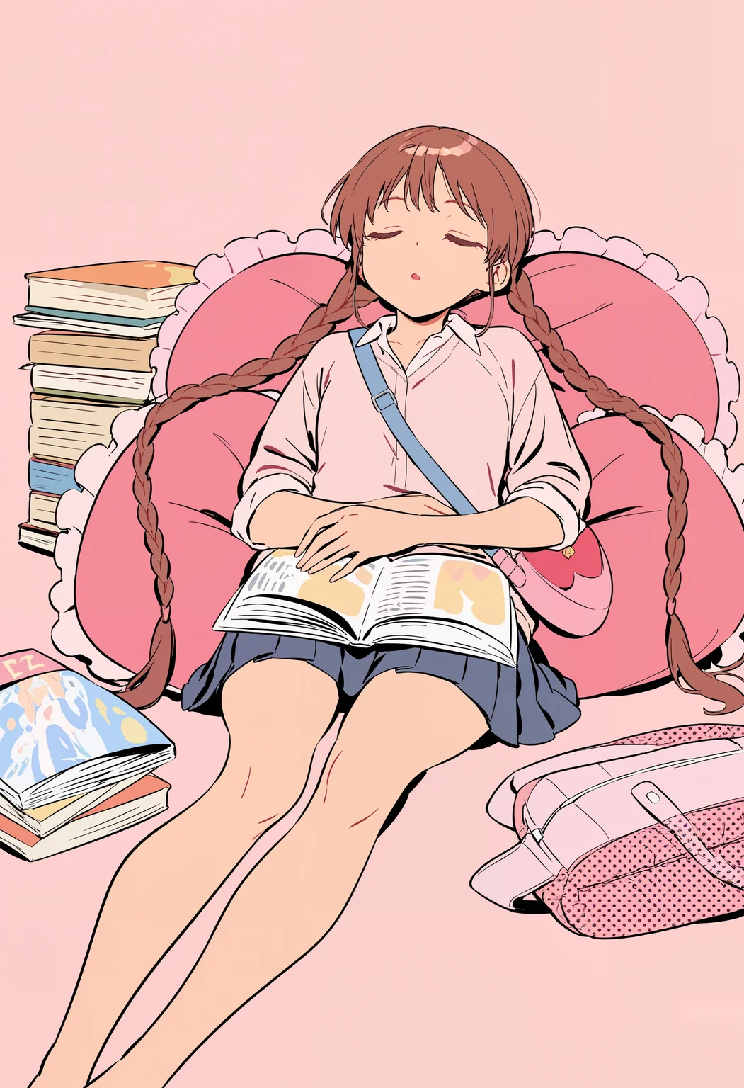 amazing quality, newest, absurdres, halftone \(texture\), pink theme, orange theme, simple background, 1girl, solo, brown hair, very long hair, braided twintails, sitting, leaning back, leaning on pillow, heart-shaped pillow, frilled pillow, sleeves rolled up, pleated skirt, book on lap, book stack, magazine, sleeping, :O, unworn bag, shoulder bag, <lora:semham4>