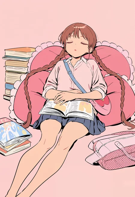 amazing quality, newest, absurdres, halftone \(texture\), pink theme, orange theme, simple background, 1girl, solo, brown hair, very long hair, braided twintails, sitting, leaning back, leaning on pillow, heart-shaped pillow, frilled pillow, sleeves rolled up, pleated skirt, book on lap, book stack, magazine, sleeping, :O, unworn bag, shoulder bag, <lora:semham4>
