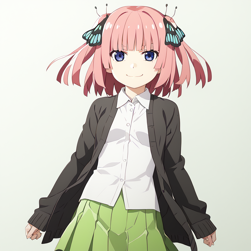 <lora:watanabeakio:2.5>watanabe akio, poyoyon rock,watanabeakio,,score_9,score_8_up,score_7_up, score_6_up, <lora:nino-nakano-pruned-ponyxl-lora-nochekaiser:0.5> 1girl,solo,nino nakano, short hair, bangs, blue eyes, hair ornament, hair ribbon, pink hair, blunt bangs, two side up, butterfly hair ornament,, nino nakano, long hair, bangs, blue eyes, hair ornament, hair ribbon, pink hair, blunt bangs, two side up, butterfly hair ornament,, skirt, shirt, long sleeves, white shirt, pleated skirt, open clothes, collared shirt, sleeves past wrists, dress shirt, cardigan, green skirt, open cardigan, black cardigan,smile,smirk