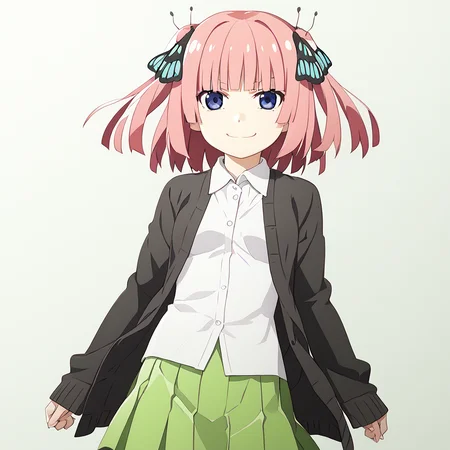 <lora:watanabeakio:2.5>watanabe akio, poyoyon rock,watanabeakio,,score_9,score_8_up,score_7_up, score_6_up, <lora:nino-nakano-pruned-ponyxl-lora-nochekaiser:0.5> 1girl,solo,nino nakano, short hair, bangs, blue eyes, hair ornament, hair ribbon, pink hair, blunt bangs, two side up, butterfly hair ornament,, nino nakano, long hair, bangs, blue eyes, hair ornament, hair ribbon, pink hair, blunt bangs, two side up, butterfly hair ornament,, skirt, shirt, long sleeves, white shirt, pleated skirt, open clothes, collared shirt, sleeves past wrists, dress shirt, cardigan, green skirt, open cardigan, black cardigan,smile,smirk