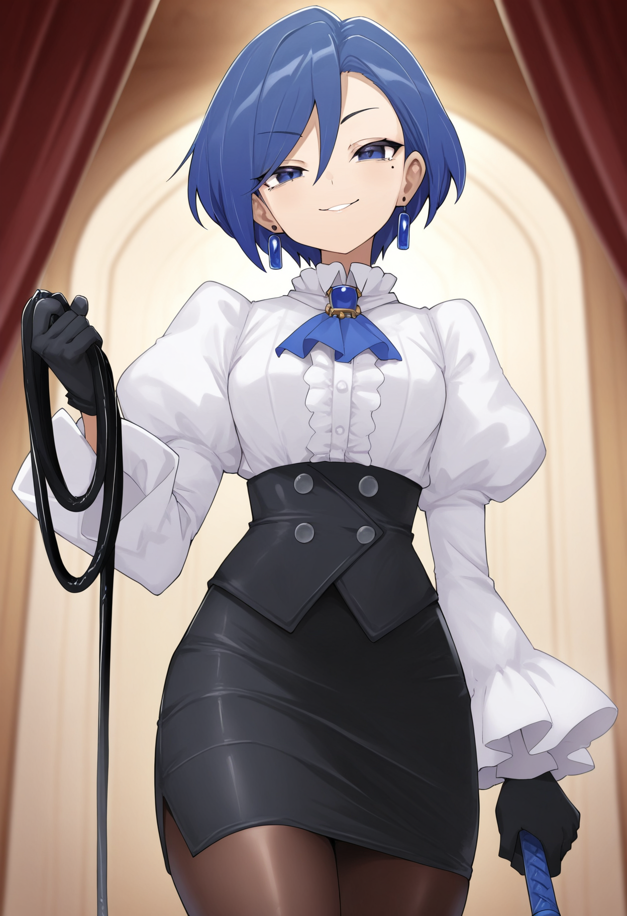 masterpiece,best quality,amazing quality,
1girl, solo, whip, mole under eye, mole, skirt, pantyhose, jewelry, gloves, puffy sleeves, short hair, earrings, pencil skirt, juliet sleeves, looking at viewer, black gloves, holding whip, smile, long sleeves, ascot, blue hair, holding,
 <lora:Jank365m:1>