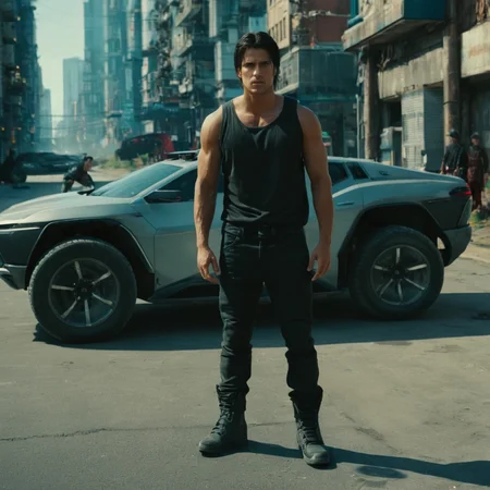 cinematic film still of <lora:Cyberpunk Style:1>
a man standing next to a car in a city,bionic,transhuman,Dystopia,Dystopian,kakotopia,Science fiction,high tech,low life,societal collapse,Artificial,Posthuman,future,futuristic,Artificial intelligence,Cyborg,genetically-enhanced humans,sci-fi,Cyberpunk Style,1girl,black hair,1boy,weapon,boots,outdoors,multiple boys,pants,gun,tank top,ground vehicle,building,motor vehicle,science fiction,city,sign,realistic,car,road,street,cyberpunk,neon lights , Cyberpunk Style, shallow depth of field, vignette, highly detailed, high budget, bokeh, cinemascope, moody, epic, gorgeous, film grain, grainy