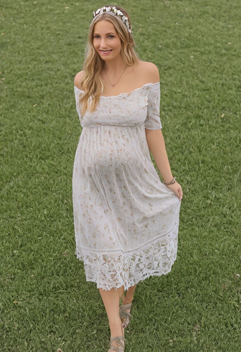 Masterpiece, detailed, realistic photo, standing, front_view, mature woman, fully_dressed, 44 years old, solo, soft sunlight, serene expression, flowing locks, floral headband, off-the-shoulder top, billowing sleeves, delicate lace details, dainty necklace, freckles dusting across nose and cheeks, rosy lips, gentle smile, bohemian skirt swaying around hips, wide hips, bare feet grazing over grass, peaceful contemplation, huge_breasts, Ultra detailed photo realistic background, realistic high detailed face, anatomic correct bodies, extremely realistic, lots of detail, strong, athletic, seductive, a little plump, many wrinkles, hands hidden or out of view, just pregnant, blue eyes.