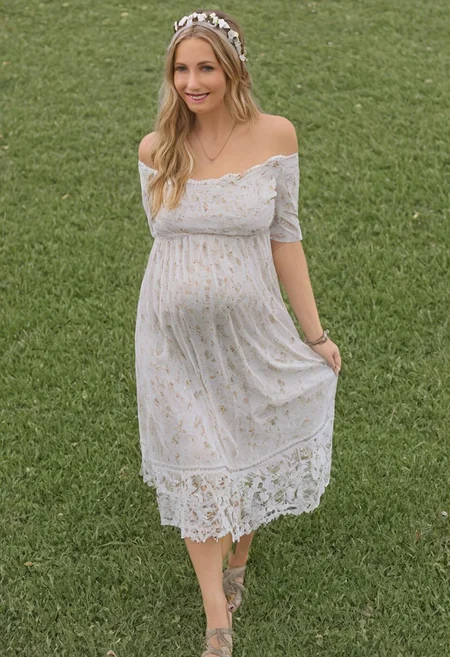 Masterpiece, detailed, realistic photo, standing, front_view, mature woman, fully_dressed, 44 years old, solo, soft sunlight, serene expression, flowing locks, floral headband, off-the-shoulder top, billowing sleeves, delicate lace details, dainty necklace, freckles dusting across nose and cheeks, rosy lips, gentle smile, bohemian skirt swaying around hips, wide hips, bare feet grazing over grass, peaceful contemplation, huge_breasts, Ultra detailed photo realistic background, realistic high detailed face, anatomic correct bodies, extremely realistic, lots of detail, strong, athletic, seductive, a little plump, many wrinkles, hands hidden or out of view, just pregnant, blue eyes.