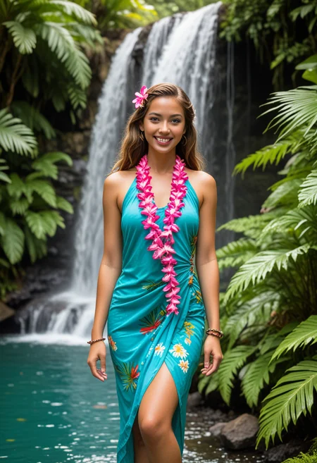 (medium full shot) of (vibrant hawaiian young woman), italian, tan skin, green eyes, slim build, long hazel retro hair, wearing a turquoise sarong dress, flower lei, sandals, beaded bracelet, pink lipstick, wearing a , set in hawai, in Tropical Garden Waterfall, cascading waterfall into a clear pool, surrounded by ferns and palm trees, the sound of water filling the air, woman smiling, Masterpiece,best quality, photo, realistic, very aesthetic, detailed face,