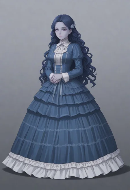 1 girl, frankelda, 1 girl, blue hair, long hair, curly hair, blue skin, striped longsocks, victorian dress