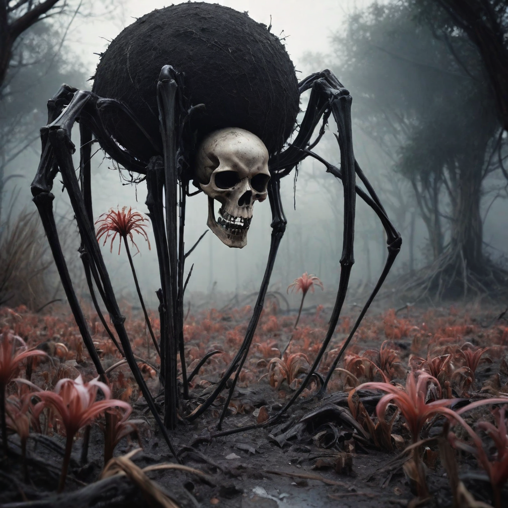 A landscape with a black atmosphere that scatters light in different hues,creating a (weathered) and sad and whimsical environment,the flora is mythical and whimsical,such as clouds of (weathered bone dust),dead flowers and rotten cane trees. The geology is mostly hard and sharp,with (weathered skulls and bones) and blood,the mood is mournful and depressing,cinematic photo biomarchitectural style land art style hyperrealistic,photorealistic,extreme detail,dead,crisp,precise,blurry . natural materials,outdoor,environmental,detailed . blend of organic and mechanical elements,futuristic,cybernetic,detailed,intricate . 35mm photograph,film,bokeh,professional,4k,highly detailed,spider lily,landscape,
