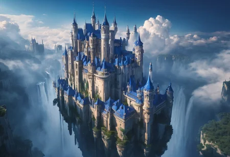 a floating castle in the air, a waterfall flows from the castle to the ground, epic composition, detailed, parts of the castle are made of deep blue crystal, intricate, flying cloud castle, palace floating in the sky, fantasy matte photo, castle in the clouds, high fantasy matte photo, fantasy matte photo, matte fantasy photo, dreamy matte photo, castles floating in mid air, high fantasy castle, fantasy architecture, an immense floating castle