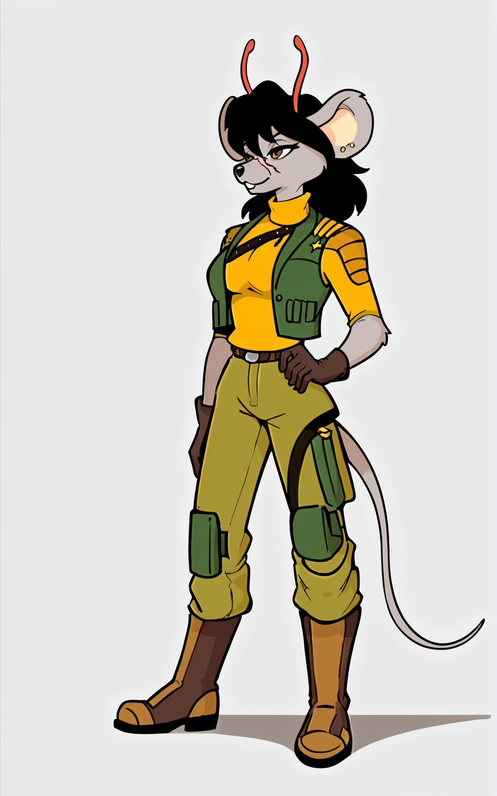 score_9, score_8_up, score_7_up,((best quality)), absurdres, ((full body)), <lora:BolivanteStyle:0.8>,<lora:CBMMPXL:0.8>, military, uniform, military uniform, green vest, vest, turtleneck, yellow shirt, green pants, pants, brown boots, boots, scar on face, grey skin, antennae, red antennae, mouse ears, white background,solo,furry female,black hair,slim,breast, brown eyes ,gloves,tail