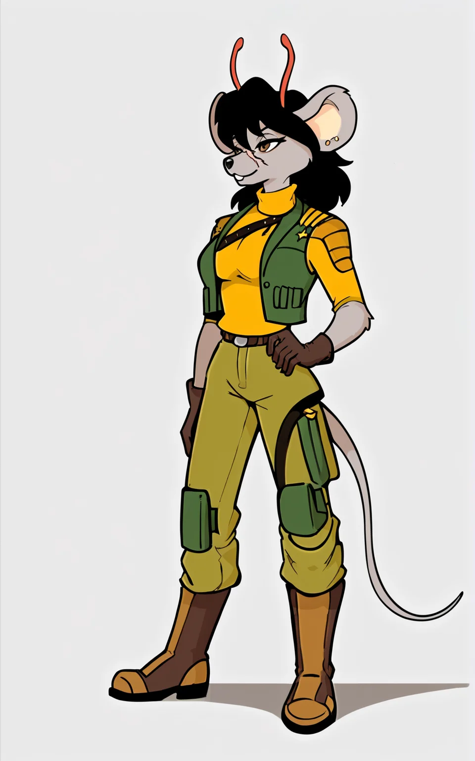 score_9, score_8_up, score_7_up,((best quality)), absurdres, ((full body)), <lora:BolivanteStyle:0.8>,<lora:CBMMPXL:0.8>, military, uniform, military uniform, green vest, vest, turtleneck, yellow shirt, green pants, pants, brown boots, boots, scar on face, grey skin, antennae, red antennae, mouse ears, white background,solo,furry female,black hair,slim,breast, brown eyes ,gloves,tail