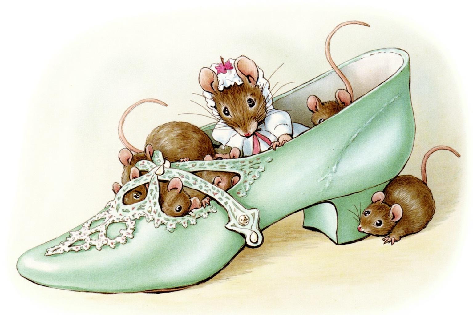 beatrixpotter1 illustration.
A large green shoe is the central object. Inside, an anthropomorphic mouse in a white dress and bonnet is looking directly at the viewer, with several smaller mice scattered around her, some peeking out from the shoe's interior. The shoe is detailed with lace and intricate patterns. The background is a soft, light color. <lora:beatrixpotter1_d8a4:1.0><lora:867021132375579353:0>