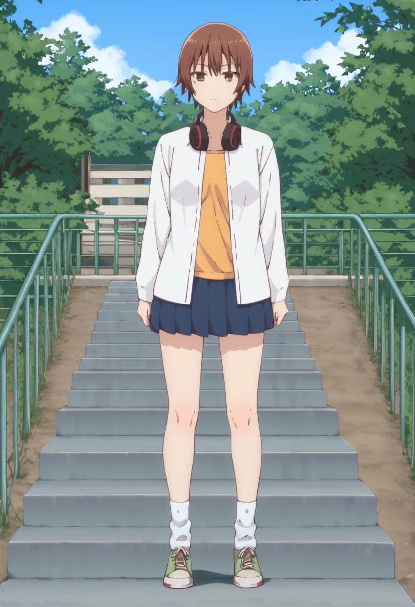 score_9, score_8_up, score_7_up, source_anime, outdoors, sky,
BREAK,
<lora:ninomae_kanade_ponyXL_v1:1> ninomae kanade, 1girl, solo, looking at viewer, bangs, skirt, shirt, long sleeves, closed mouth, standing, jacket, full body, pleated skirt, open clothes, shoes, socks, miniskirt, blue skirt, headphones, white socks, casual, sneakers, headphones around neck,