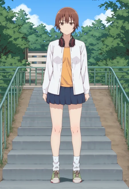 score_9, score_8_up, score_7_up, source_anime, outdoors, sky, 
BREAK,
 <lora:ninomae_kanade_ponyXL_v1:1> ninomae kanade, 1girl, solo, looking at viewer, bangs, skirt, shirt, long sleeves, closed mouth, standing, jacket, full body, pleated skirt, open clothes, shoes, socks, miniskirt, blue skirt, headphones, white socks, casual, sneakers, headphones around neck,