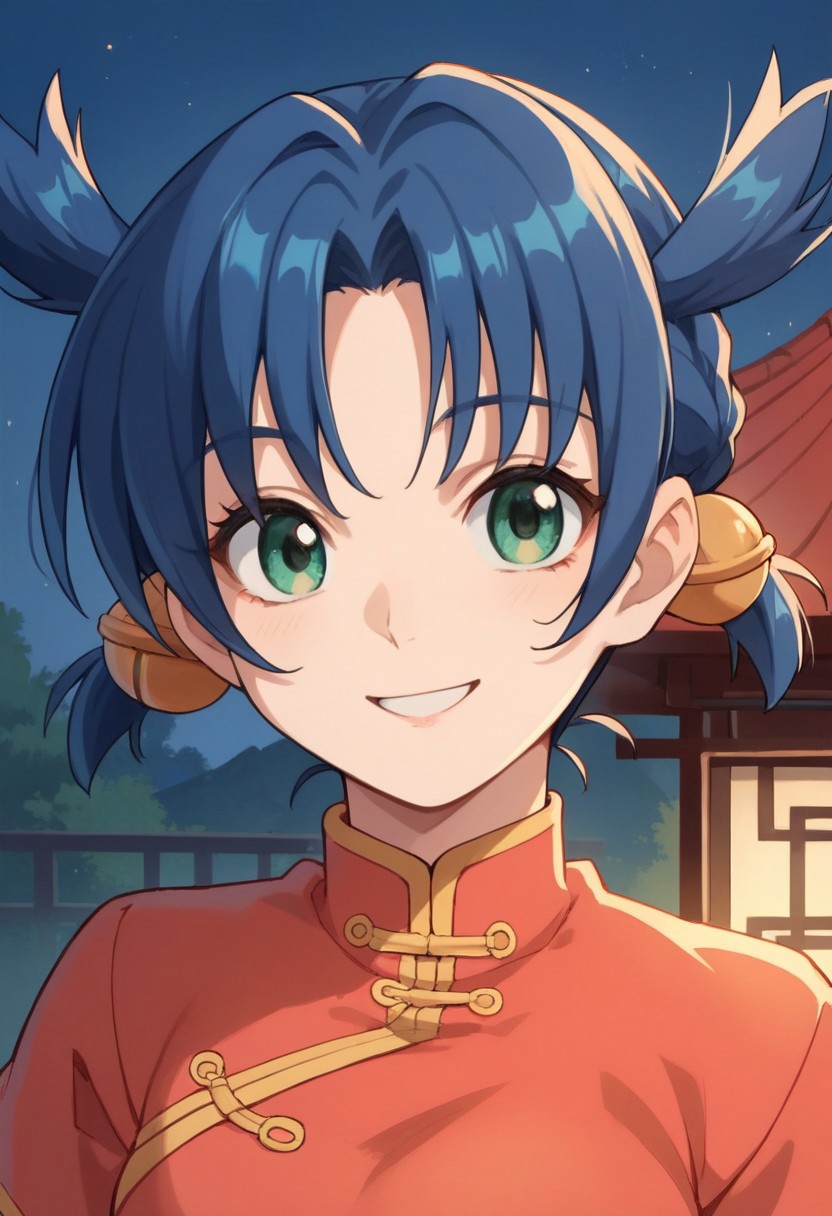 score_9, score_8_up, score_7_up, source_anime,renka ma, blue hair, short hair, twintails, green eyes, 1girl, solo, bell, hair bell, hair ornament, braid, jingle bell, chinese clothes, smile, night