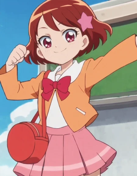 score_9, score_8_up, score_7_up, anime screencap, solo,1girl skirt, school uniform, short hair, smile, star hair ornament, red hair, bag, pink skirt, red eyes, brown hair, looking at viewer, cowboy shot, dynamic pose,<lora:kenjoumiku:0.8>