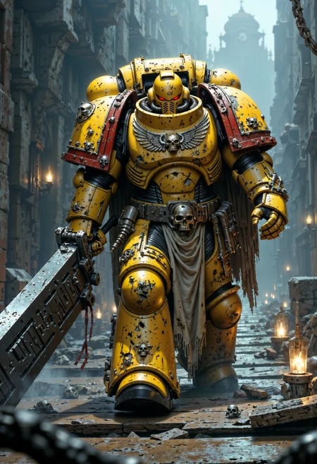 A Powerful ImperialF40k space marine, draped in tattered, yellow power armor that pulses with a faint, eerie glow, stands on a creaking wooden bridge. He points the tip of a massive, rune-etched sword menacingly at the ground, the blade crackling with dark energy. Shadows swirl around him, and the misty air is thick with tension. red flames flicker within his hollow eyes, reflecting the bridge's warped, splintered planks, over the sword camera view <lora:FluxImperialF40k:1> <lora:FluxMythP0rtr4itStyle:0.7>