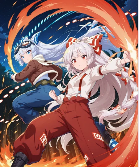 2girls, dynamic pose, outdoors, light particles, looking at viewer, starry sky, serious, fire, danmaku, alongside,
BREAK
absurdres, highres, masterpiece, best quality, amazing quality, official anime artwork, screencap, anime screencap, <lora:Fujiwara-no-Mokou_IllustriousV2:1>
BREAK
fujiwara no mokou, 1girl, solo, blue eyes, white hair, very long hair, small breasts, fujiwara no mokou \(defiant blue phoenix\), alternate costume, hair bow, blue bow, goggles on head, white scarf, brown jacket, open jacket, white shirt, blue gloves, blue pants, belt, black boots, armored gloves,
BREAK
fujiwara no mokou, 1girl, solo, red eyes, white hair, very long hair, small breasts,, hair bow, white bow, white shirt, long sleeves, suspenders, red pants,
BREAK