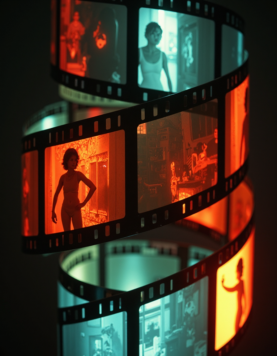 On the Trail of a Killer film reel, elongated rectangles arranged in a spiral, each rectangle a 'frame' containing its own composition of smaller rectangles, varying in brightness and contrast, giving Lily impression of motion and time passage