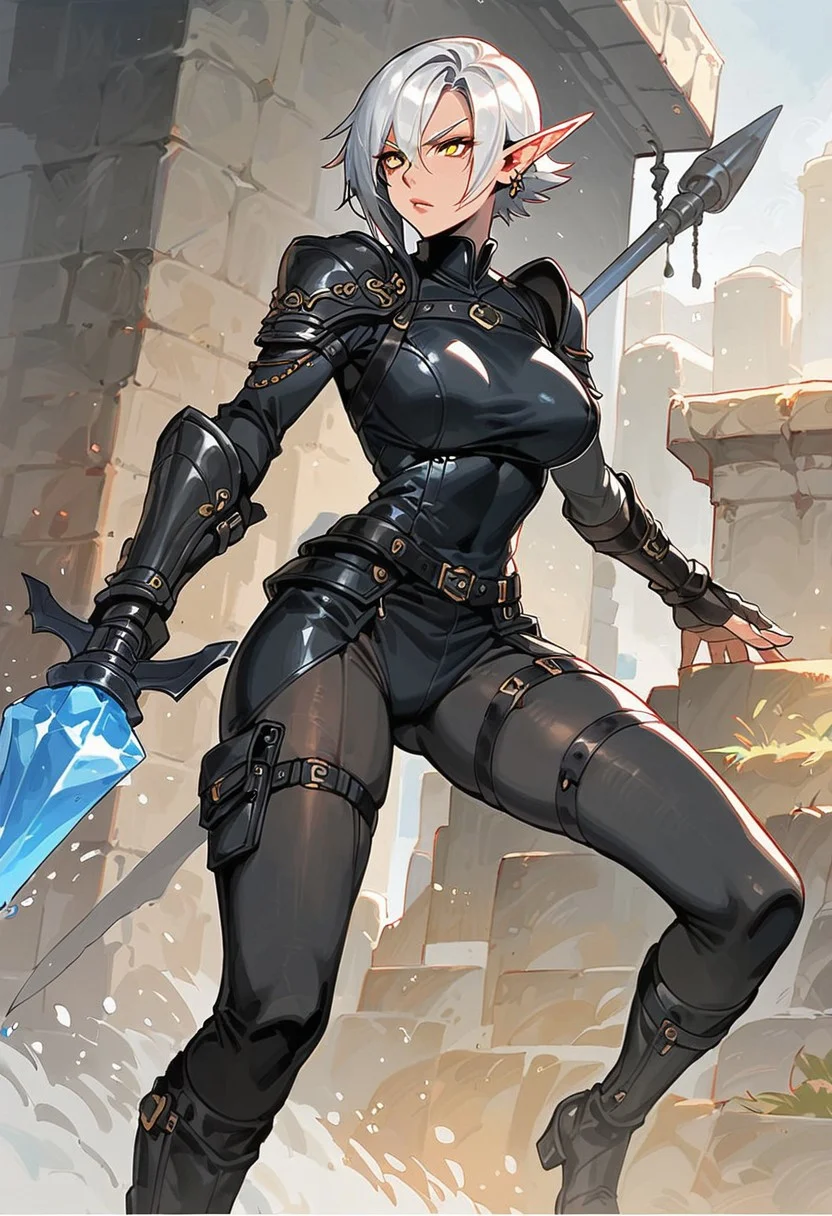 score_9, score_8_up, score_7_up, high detailed, high quality, source_fantasy, concept art, Expressiveh, easynegative, watercolor \(medium\), traditional media, kdmstyle,
...
1girl, solo, mature, curvy body, (tall:1.5), medium breast, blood_elf,
pointed ears, multiple piercings, pale skin, gold eyes,
white hair, short hair, hair between eyes, Arlecchino hair style,
beauty face, serious,
...
black bodysuit, body straps, black pants, leather gauntlets, fingerless gloves, long black boots, covered back,
fighting, misty step, magic aura, (holding crystal greatsword:1.5),
...
outdoors, fantasy ruins,