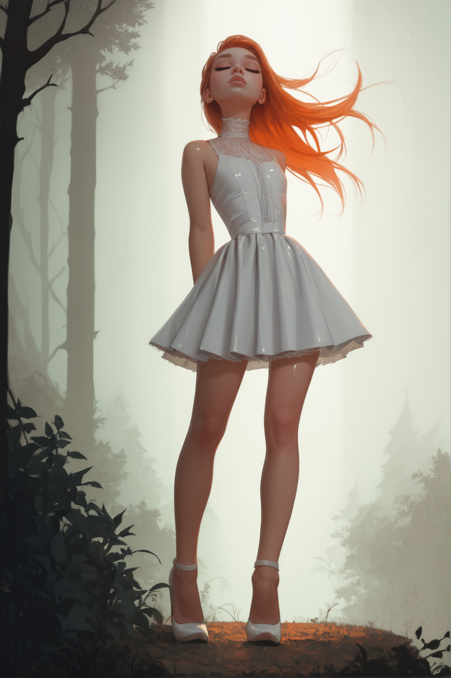 score_9, score_8_up, score_7_up, score_6_up, 1girl, petite, 18yo, adult face, oval face, skinny, perky nose, ginger, long hair, flat chest, small breast, seductive, hips, spotlight, night, forest, waterfall <lora:mb_styles_SOFT:0.8>, lace collar, shiny skin, shiny lips, (white, white, high waist, latex skirt), white high heels, back view, dynamic wind blowing hair and skirt, eyes closed,