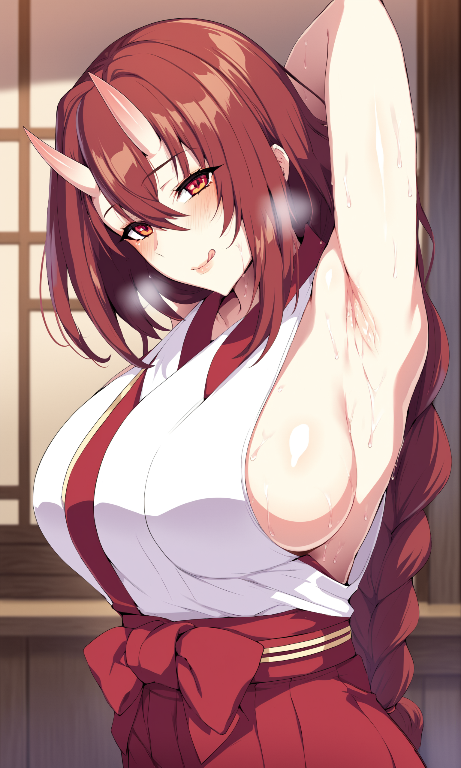 1girl, punopustyle, brown_hair, long_hair, hair_between_eyes, red_eyes, skin-covered_horns, oni, single_braid, miko, red_hakama, sideboob, looking_at_viewer, armpits, sweat, female_focus, naughty_face, closed_mouth, tongue