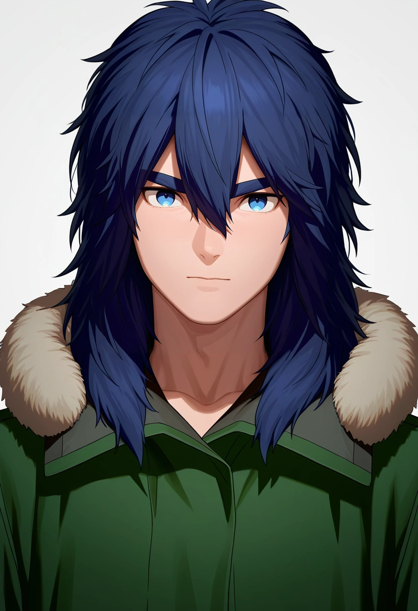 masterpiece, best quality, , semi-realistic, looking at viewer, 1boy, solo, male focus, <lora:yui_kemono_jihen_ilxl:0.92>, yui_kemono_jihen, blue hair, blue eyes, long hair, hair between eyes, bangs, thick eyebrows, green coat, fur trim,