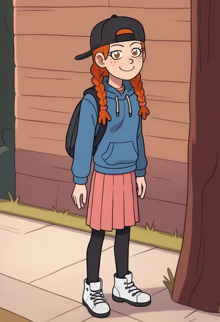 AmphiMaggie, orange hair, braid, twin braids, freckles, 1girl, solo, smile, baseball cap, backwards hat, long sleeves, pink skirt, pleated skirt, blue hoodie, hood down, backpack, black thighhighs, white footwear,