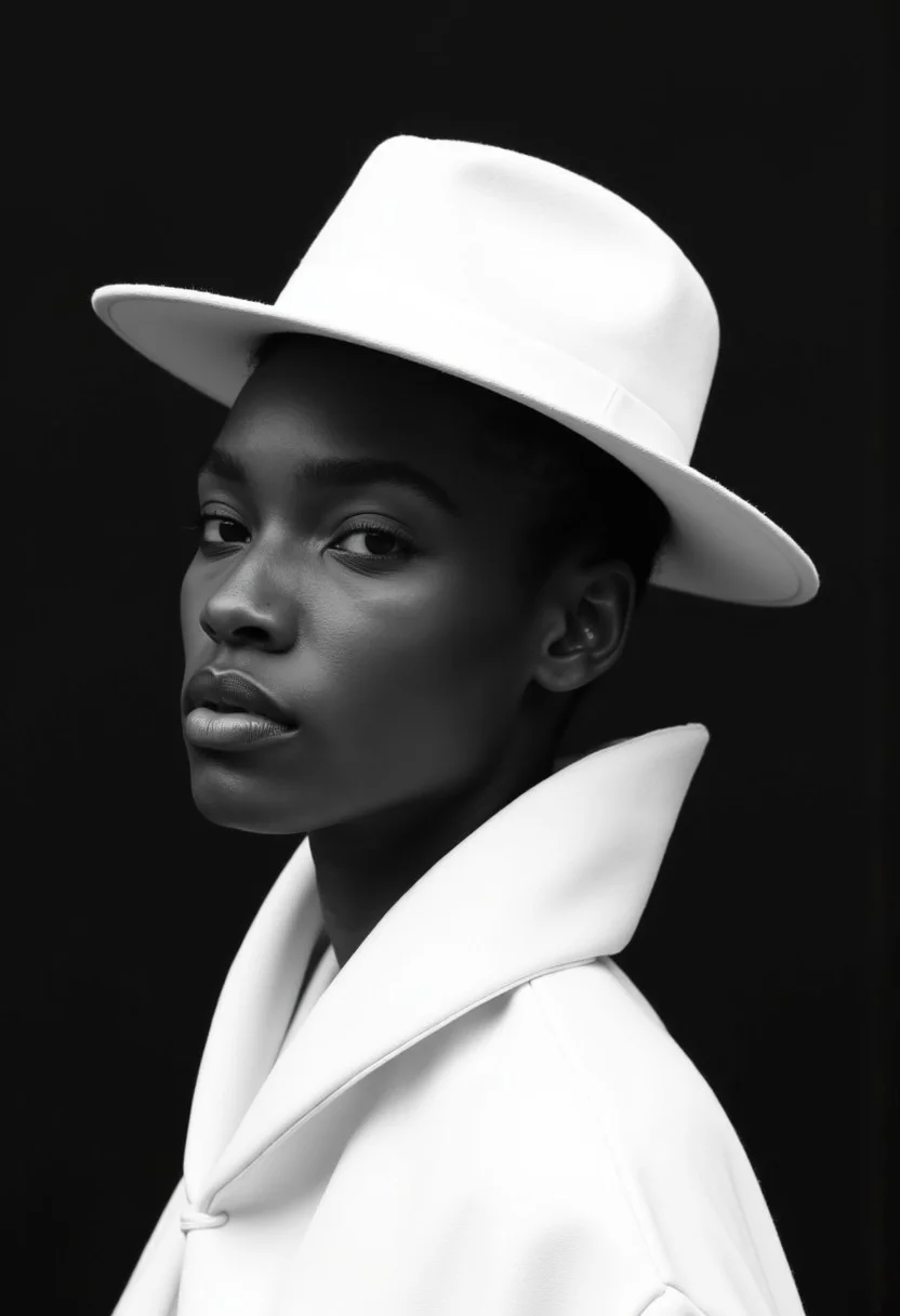 riveroaksarts-bw-ambient. Elle Magazine photoshoot. A highly photorealistic black-and-white image of a model with dark skin, showcasing fine details such as natural pores and enhanced film grain texture for an authentic 35mm photograph look. The model wears a striking, sculptural white hat and cloak with sharp geometric patterns. The lighting is softened to create a gentler interplay of shadows and highlights, adding a timeless and cinematic feel. The composition remains minimalistic, with a solid black background emphasizing the model and their avant-garde attire. The photograph captures an artistic and editorial quality with a vintage filmic aesthetic.