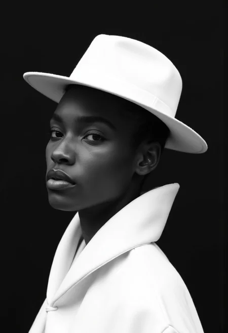 riveroaksarts-bw-ambient. Elle Magazine photoshoot. A highly photorealistic black-and-white image of a model with dark skin, showcasing fine details such as natural pores and enhanced film grain texture for an authentic 35mm photograph look. The model wears a striking, sculptural white hat and cloak with sharp geometric patterns. The lighting is softened to create a gentler interplay of shadows and highlights, adding a timeless and cinematic feel. The composition remains minimalistic, with a solid black background emphasizing the model and their avant-garde attire. The photograph captures an artistic and editorial quality with a vintage filmic aesthetic.