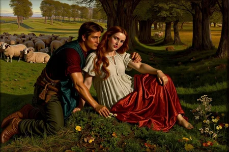 williamhhunt1 painting.
An outdoor pastoral scene. On the left, a young man kneels on the ground. On the right, a young shepherdess with long, flowing hair sits on the grass. A flock of sheep grazes in the background.
<lora:williamhhunt1_cap_d6a3e9:1.0><lora:838059432400173142:0>