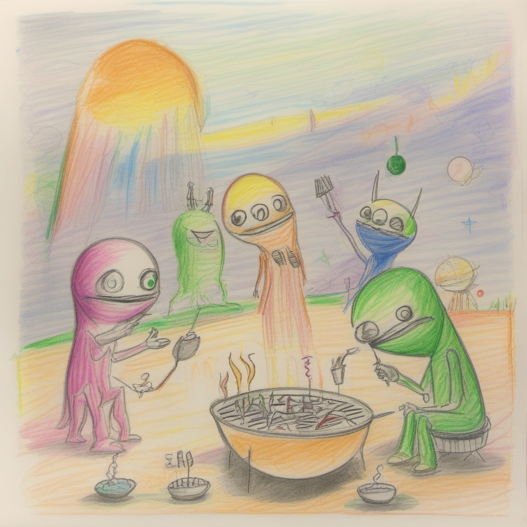A group of aliens having a BBQ party on the moon
 <lora:crayons_v1_sdxl:1>