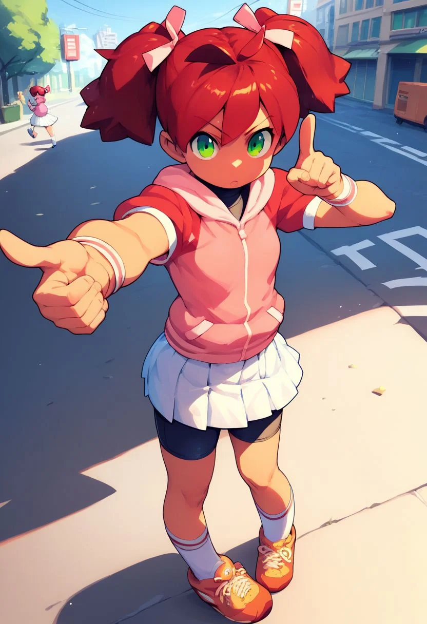 1girl, red hair, twintails, green eyes, hair bow, pink hoodie, short sleeves, wristband, white skirt, bike shorts, socks, sneakers, outdoors, street, pointing at viewer, <lora:Sayaka_Ape_Scape:1>, score_9, score_8_up, score_7_up, score_6_up, score_5_up, score_4_up, source_anime, masterpiece