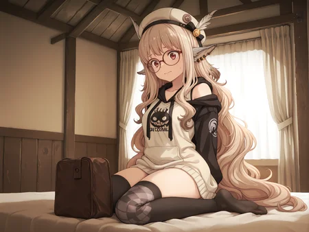 masterpiece,best quality,amazing quality, solo, character focus, 
harsh shadows, soft lighting,   light Brown theme,  spot colors,     
1girl,        thin, curvy, petite, small breasts, soles, decorated knee high socks, absurdly long hair, scaled ears,  piercings,  nervous,
hands behind back,  
  hat,  multicolored clothes, split colors, off shoulder, glasses,
 segmented  midi skirt, slit  hoodie, 
attic, curtains, 
<lora:add-detail-xl:1> <lora:Detailer_NoobAI_Incrs_v1:1> detailed <lora:cfg_scale_boost:0.3> <lora:feet_anime_il_v3:1> <lora:Dramatic Lighting Slider:1> <lora:hand 5.5:1> <lora:alpha91_peak_maxing:1> alpha91 <lora:Lycoris Recoil style-Illus:0.4> Lycoris Recoil style <lora:jiaocha_illustriousXL:0.4> <lora:jnetz_sc_5-centimeters-per-second_2007:0.4> 5cmps07