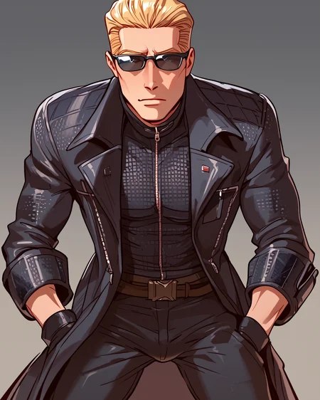 score_9, score_8_up, score_7_up, score_6_up, source_anime, rating_explicit, ah1, best quality, (masterpiece:1.4), (high quality:1.4), sharp focus, 4k, absurd resolution, <lora:albertwesker-guy-PONYv1:1> albertwesker, albert wesker, 1boy, solo, blonde, black gloves, sunglasses, belt, pants, long coat, trench coat, black coat, black pants, highly detailed, highres, extremely detailed, looking at viewer, toned, athletic, fit, slicked back hair, black turtleneck, zipper, mature male, (graphene textured clothes:1.7), (Lean Forward:1.5), (in A powerful hurricane struck the coast, bringing devastating winds and heavy rainfall), (Double Framing shot),
