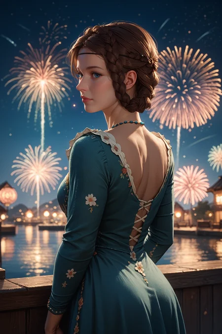 score_9, score_8_up, score_7_up, score_6_up
<lora:KCDStephanie:0.8>
KCDStephanie, 1girl, brown hair, blue eyes, braid, looking at viewer, from behind, cowboy shot, dress, looking back, fireworks, at night