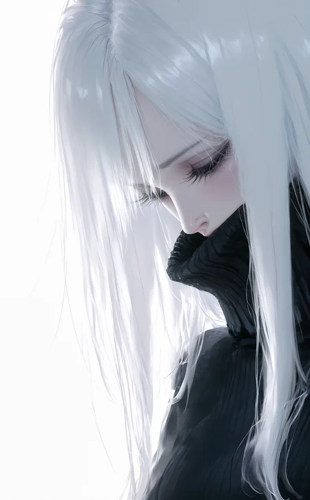 masterpiece, best quality, amazing quality, 1girl, solo, long hair, simple background, white background, white hair, black eyes, sweater, eyelashes, turtleneck, looking down, half-closed eyes, portrait, pale skin, close-up, covered mouth, black sweater, long eyelashes,
wlop, nhl-001, limited palette, realistic <lora:noobai_ep11_stabilizer_v0.138_fp16:0.3> <lora:NOOB_vp1_detailer_by_volnovik_v1:0.3> <lora:nhl-002-nai:0.7> <lora:nhl-001-20:0.8> <lora:XXX667:0.6>