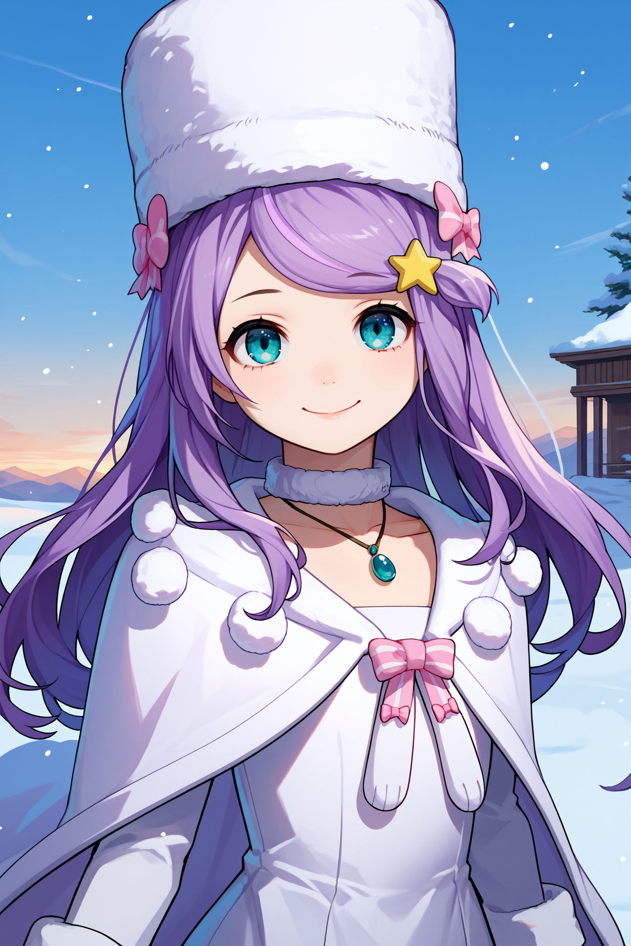 score_9, score_8_up, score_7_up, score_6_up, source_anime, 1girl, solo,   <lora:rzanastasia-pdxl-nvwls-v1-000006:1> rzAH, lavender hair, long hair, swept bangs, cyan eyes, fur hat, white hat, star hair ornament, fur choker, necklace, white cape, fur trim, white dress, long dress, pink bow, long sleeves, looking at you, upper body, smile, blue sky, snow, portrait, happy, closed mouth
